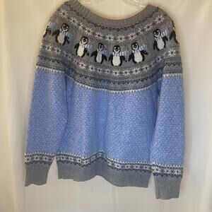 Holiday Time Womans XXL Penguin Blue Gray Fair Isle Soft Knit Crewneck Sweater